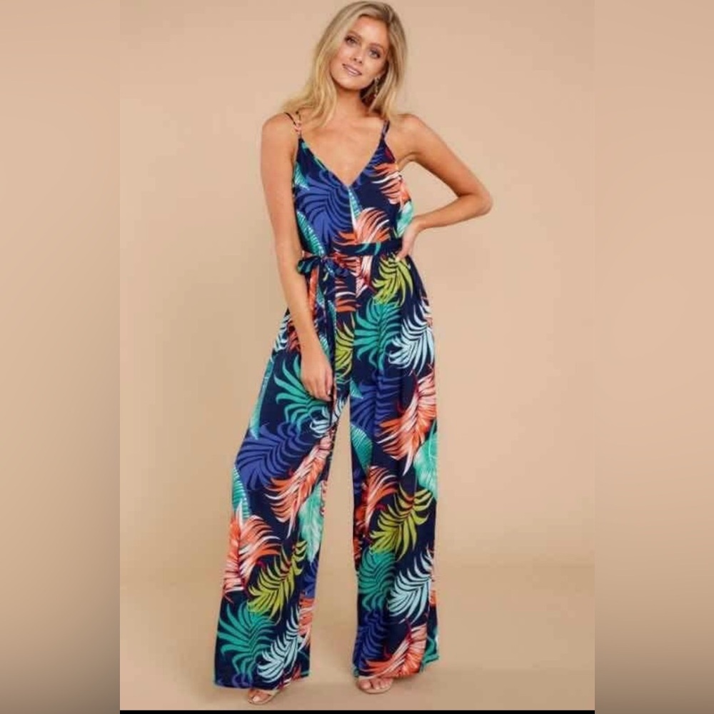 Tropical Jumpsuit Wide Leg Sleeveless Multicolor Boho Beachy 100% Rayon Womens M